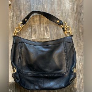 Elliott Lucca 100% Leather Black Shoulder Bag with Gold Accents Red Interior